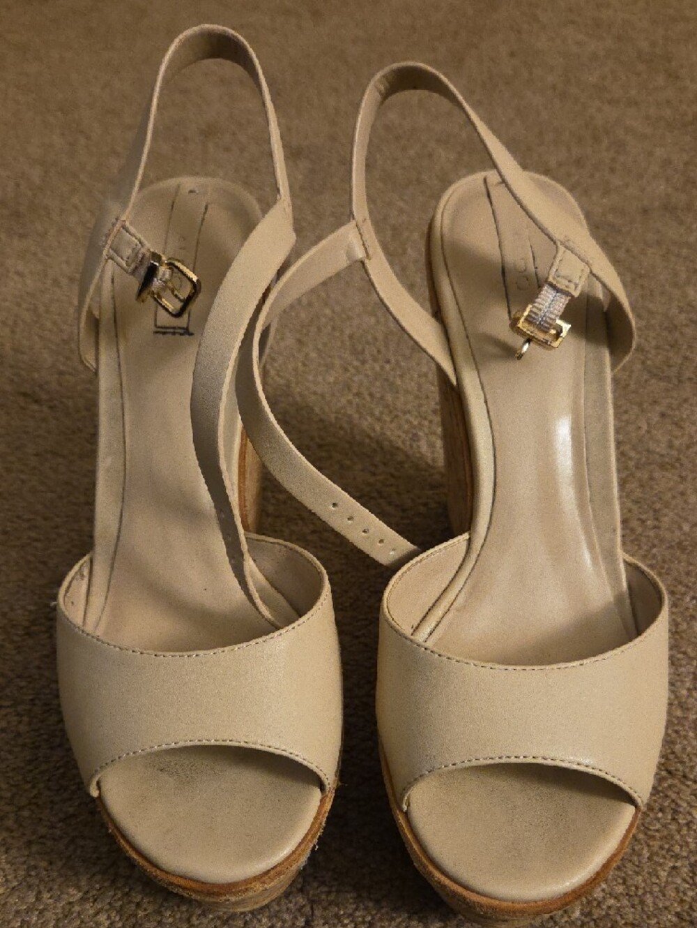 Aldo Cream Leather Cork Wedge Sandals with Slingback Strap - Picture 4 of 9